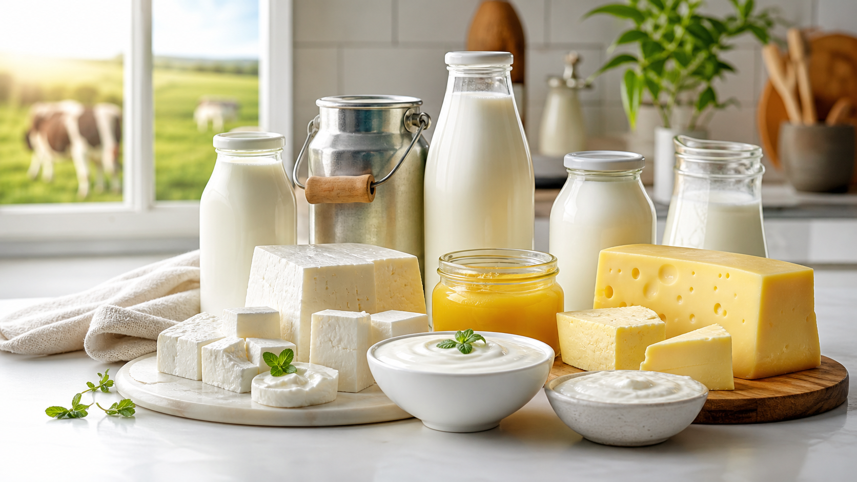 Fresh dairy products including milk, ghee, curd, paneer, and cheese